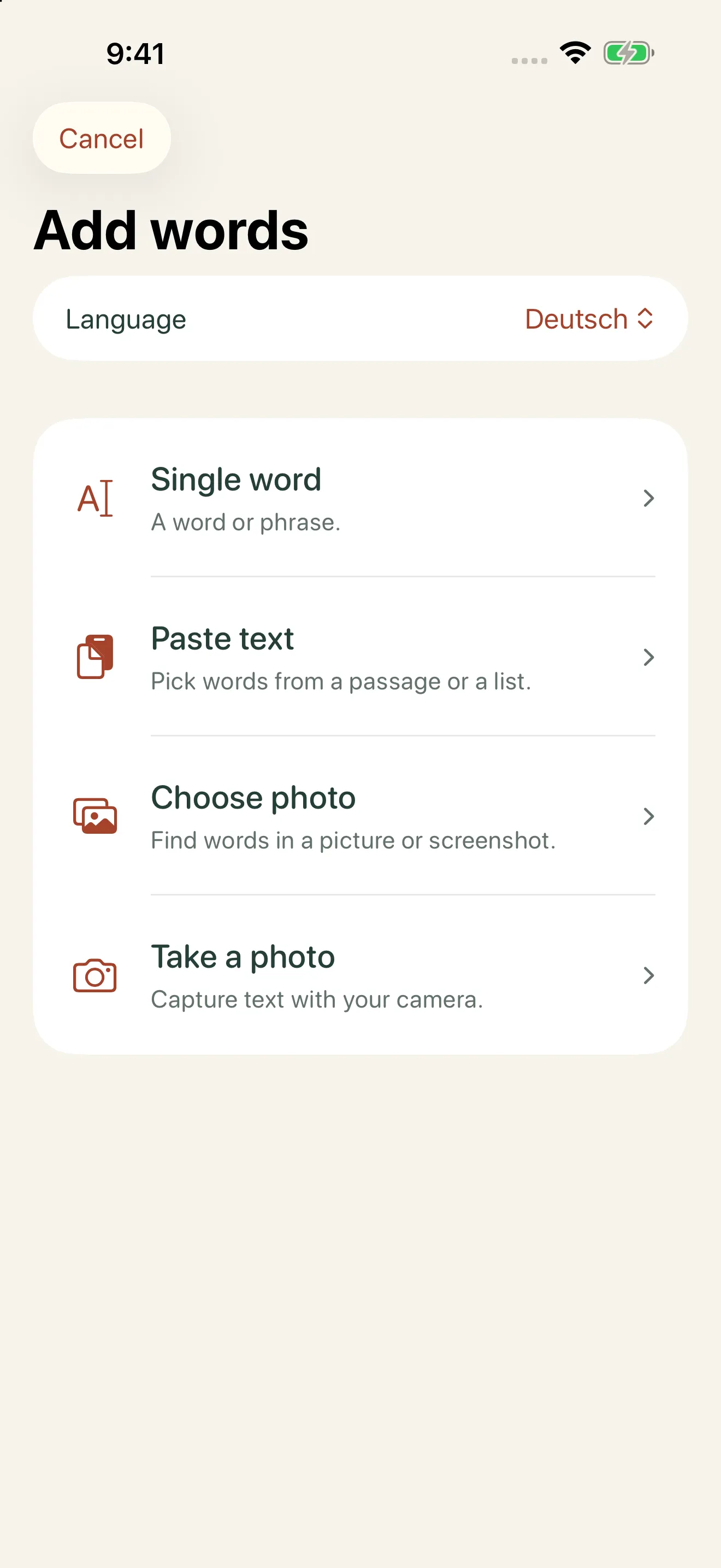 Add words from pasted text, a photo, your camera, or a single word