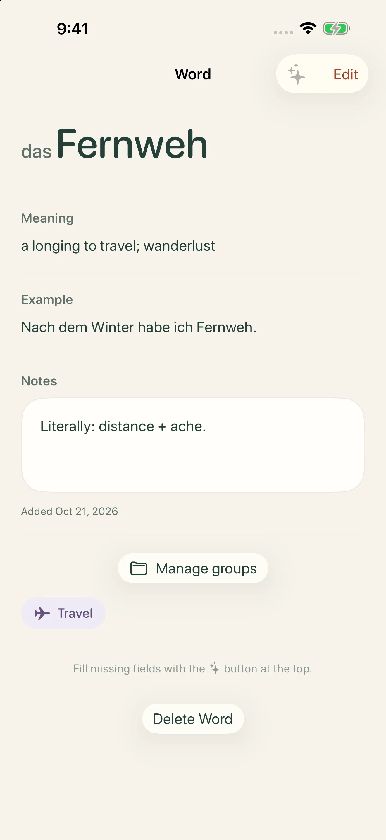 A collected German word, Fernweh, with its meaning, example, notes, and group